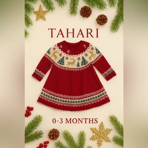 Adorable Tahari Red and Cream Knit Christmas Dress Christmas Trees Reindeer 0-3m